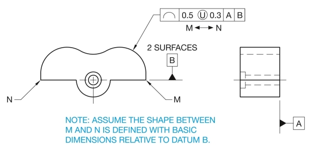 Given the following drawing, describe the profile geometric tolerance and related drawing specifications. Indicate whether the drawing shows preferred ASME Y14.5 use or an alternate practice.  