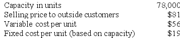 Prejean Products, Inc., has a Relay Division that manufactures and sells a number of products, including a standard relay. Data concerning that relay appear below:    The company has a Electronics Division that could use this relay in one of its products. The Electronics Division is currently purchasing 9,000 of these relays per year from an overseas supplier at a cost of $74 per relay. Required: a. Assume that the Relay Division has enough idle capacity to handle all of the Electronics Division's needs. What is the acceptable range, if any, for the transfer price between the two divisions? b. Assume that the Relay Division is selling all of the relays it can produce to outside customers. Also assume that $13 in variable expenses can be avoided on transfers within the company due to reduced shipping and selling costs. What is the acceptable range, if any, for the transfer price between the two divisions?