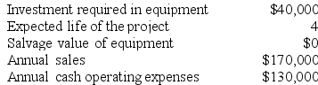 Morefield Corporation has provided the following information concerning a capital budgeting project:    The company uses straight-line depreciation. The depreciation expense will be $10,000 per year. Assume cash flows occur at the end of the year except for the initial investments. The company takes income taxes into account in its capital budgeting. The income tax rate is 30% and the after-tax discount rate is 12%. Required: Determine the net present value of the project. Show your work!