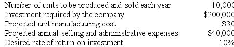 Hill Corporation is contemplating the introduction of a new product. The company has gathered the following information concerning the product:    The company uses the absorption costing approach to cost-plus pricing as described in the text. Required: a. Compute the markup on absorption cost. b. Compute the selling price. c. If the price computed in  b  above is charged, and costs turn out as projected, can the company be assured that no loss will be sustained on the new product? Explain.