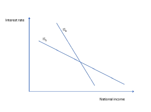 Refer to figure 3 below. Which statement about the two possible IS curves in figure 3 is true? Figure 3   A)  The economy is in equilibrium where IS<sub>1</sub> and IS<sub>2</sub> intersect. B)  IS<sub>1</sub> represents an economy in which consumers' expenditure and investment spending are more sensitive to interest rate changes than they are in the economy represented by IS<sub>2</sub>. C)  IS<sub>1</sub> represents an economy in which consumers' expenditure and investment spending are less sensitive to interest rate changes than they are in the economy represented by IS<sub>2</sub>. D)  None of the above is true.