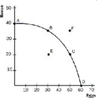 Exhibit 1   -Refer to Exhibit 1. As we move from point A to point D, A)  the opportunity cost of eggs in terms of bacon falls. B)  the opportunity cost of eggs in terms of bacon rises. C)  the opportunity cost of eggs in terms of bacon is constant. D)  the economy becomes less efficient. E)  the economy becomes more efficient.