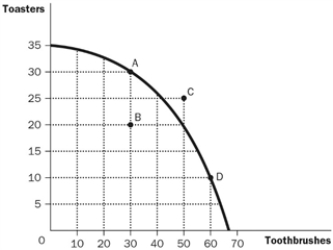 Figure 2-4   -Refer to Figure 2-4. What is the opportunity cost to the economy of getting 30 additional toothbrushes by moving from point A to point D? A)  10 toasters B)  15 toasters C)  20 toasters D)  25 toasters