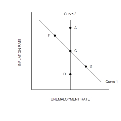 Figure 35-3   ​ ​ -Refer to Figure 35-3. If the economy starts at C and the money supply growth rate increases, in the long run the economy A) stays at C. B) moves to B. C) moves to A. D) moves to D.