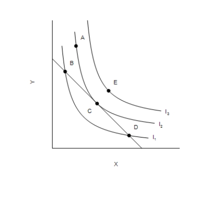 Figure 21-10   -Refer to Figure 21-10. It would be possible for the consumer to reach I<sub>3</sub> if A) the price of Y increases. B) the price of X increases. C) income decreases. D) the price of Y decreases.