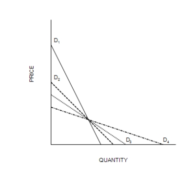 Figure 8-6   -Refer to Figure 8-6. Suppose the government imposes a $1 tax in each of the four markets represented by demand curves D<sub>1</sub>, D<sub>2</sub>, D<sub>3</sub>, and D<sub>4</sub>. The deadweight will be the smallest in the market represented by A) D<sub>1</sub>. B) D<sub>2</sub>. C) D<sub>3</sub>. D) D<sub>4</sub>.