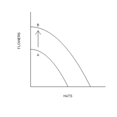 Figure 2-5    -Refer to Figure 2-5. Which of the following events would explain the shift of the production possibilities frontier from A to B? A) A decrease in unemployment B) A general technological advance C) A technological advance in the hat industry D) An improvement in the allocation of resources