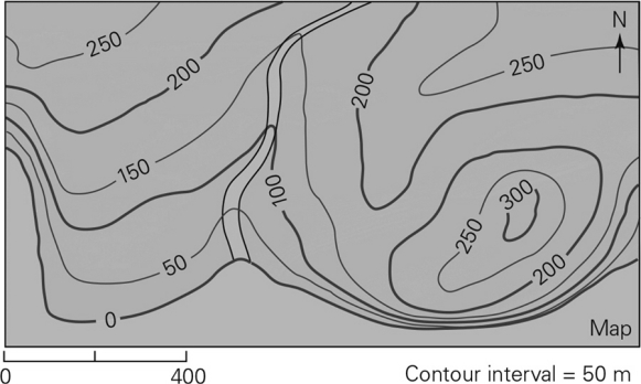 What is the maximum relief of the land surface in the topographic map below?   A)  50 m B)  100 m C)  300 m D)  400 m