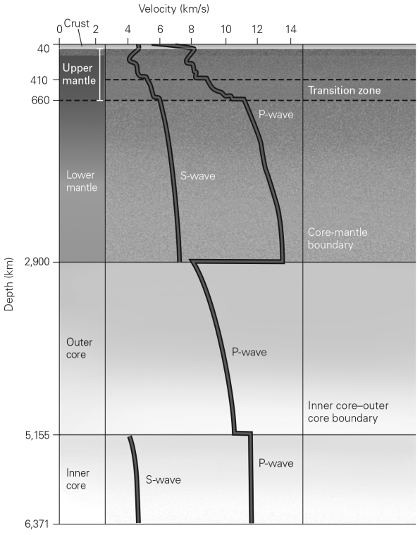 In the following graph,why does the line for S-waves NOT appear in the outer core?   A)  S-waves can't travel through the outer core because it is solid. B)  S-waves can't travel through the outer core because it is liquid. C)  S-waves disappear after being reflected at the core-mantle boundary. D)  S-waves can't travel that far into the Earth due to the high amount of iron.