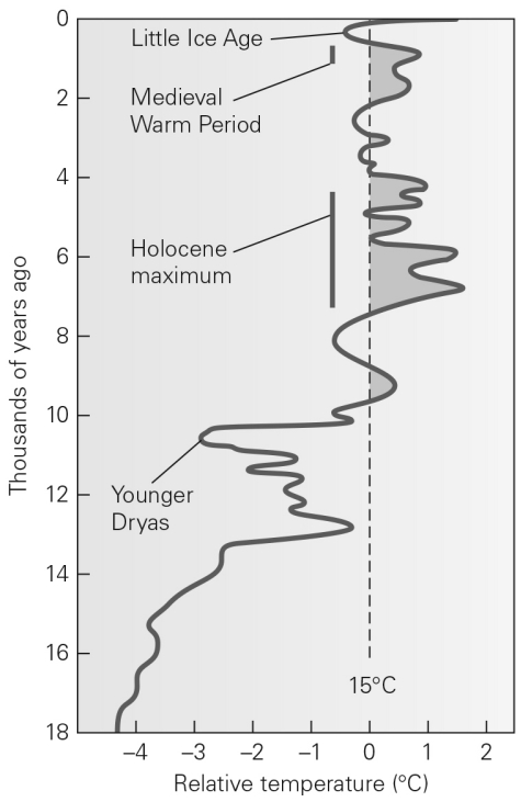 Based on the graph below,global temperatures during the Holocene   A)  have varied significantly. B)  have been declining since the Little Ice Age. C)  have been steadily increasing since the last Ice Age. D)  have been essentially constant.