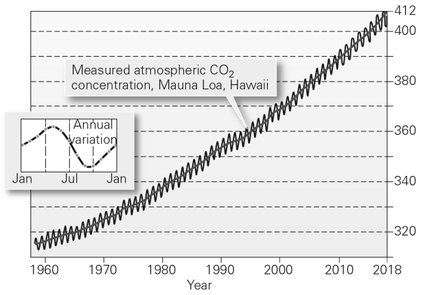 The graph below is the Keeling Curve,a record of carbon dioxide measured at Mauna Loa beginning in 1958.What can be learned from this graph? What do the two lines (black and grey)tell us?  