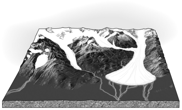 What type of glacier is seen in the foreground of the following picture?   A)  a continental glacier B)  a cirque glacier C)  a piedmont glacier D)  an alpine glacier