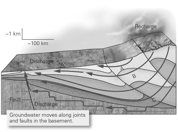 The lines with arrows in the figure below show several long-distance groundwater flow paths you could expect in a landscape adjacent to a mountain range.Along which flow path is water likely to take the most time between recharge and discharge?   A)  path A B)  path B C)  path C D)  All flow paths between the same recharge and discharge zones take the same amount of time.