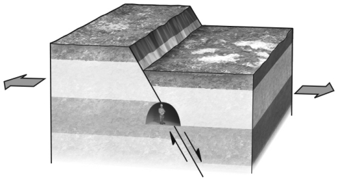 During an earthquake,if a hanging wall slides downward relative to a footwall,the fault is termed a ________ fault.Refer to the figure below for an example of such a feature.   A)  normal B)  reverse C)  strike-slip D)  thrust