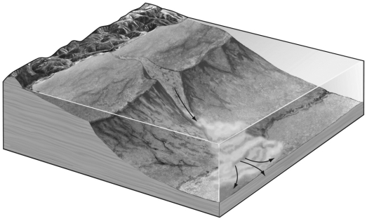 Notice the turbidity current in the image below.Briefly describe and sketch the deposit that will result.  