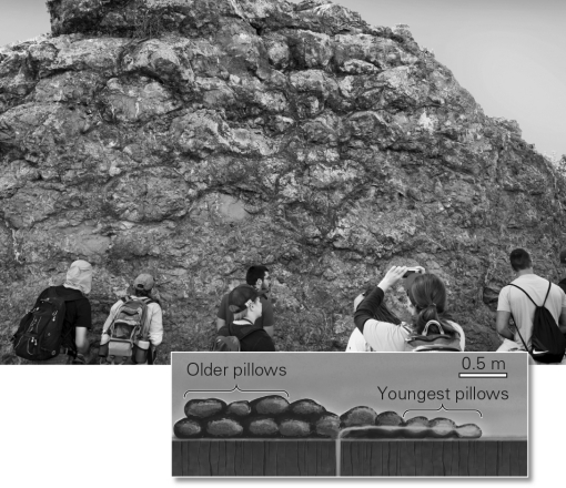 The pillow basalts in the photo below most likely formed ____________.   A)  on dry land at a continental hotspot B)  underwater at a subduction zone C)  on dry land at a continental rift D)  underwater at a mid-ocean ridge