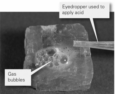 The image below shows a mineral with hydrochloric acid applied to it.Based on the reaction and presence of gas bubbles,which of the following minerals is the most likely to be _______?   A)  quartz B)  halite C)  calcite D)  fluorite