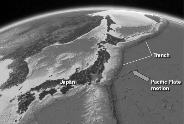 At the subduction zone where the Pacific Plate is subducting under the islands of Japan,the Wadati-Benioff zone of deep earthquakes   A)  extends from the trench westward underneath Japan. B)  extends from the trench eastward underneath the Pacific Plate. C)  is confined to the trench. D)  is absent because there are no earthquakes at subduction zones.