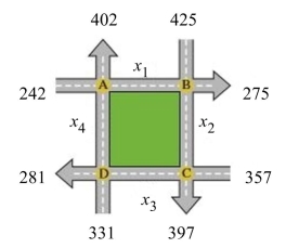  Write the word or phrase that best completes each statement or answers the question. Solve the problem. -  a. Assume that traffic flows at a rate of 215 vehicles per hour on the stretch of road between intersections  \mathrm { D }  and  \mathrm { A } . Find the flow rates  x _ { 1 } , x _ { 2 } , and  x _ { 3 } . b. If traffic flows at a rate of between 195 and 270 vehicles per hour inclusive between intersections  \mathrm { D }  and  \mathrm { A } , find the flow rates  x _ { 1 } , x _ { 2 } , and  x _ { 3 } . A)  a.  x _ { 1 } = 65 , x _ { 2 } = 195 , and  x _ { 3 } = 170 ; b.  40 \leq x _ { 1 } \leq 115,180 \leq x _ { 2 } \leq 255 , and  155 \leq x _ { 3 } \leq 230  B)  a.  x _ { 1 } = 65 , x _ { 2 } = 195 , and  x _ { 3 } = 170 ; b.  35 \leq x _ { 1 } \leq 110,185 \leq x _ { 2 } \leq 260 , and  145 \leq x _ { 3 } \leq 220  C)  a.  x _ { 1 } = 55 , x _ { 2 } = 205 , and  x _ { 3 } = 165 ; b.  40 \leq x _ { 1 } \leq 115,180 \leq x _ { 2 } \leq 255 , and  155 \leq x _ { 3 } \leq 230  D)  a.  x _ { 1 } = 55 , x _ { 2 } = 205 , and  x _ { 3 } = 165 ; b.  35 \leq x _ { 1 } \leq 110,185 \leq x _ { 2 } \leq 260 , and  145 \leq x _ { 3 } \leq 220