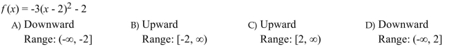 Choose the one alternative that best completes the statement or answers the question. Determine whether the graph of the parabola opens upward or downward and determine the range.
