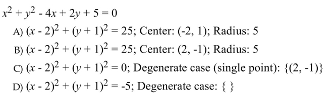 Write the equation in standard form: . Then, if possible, identify the center and radius of the circle. If the equation represents a degenerate case, give the solution set.