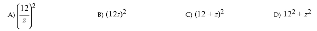 Translate from English form to algebraic form. The square of the product of 12 and z  <div style=padding-top: 35px> 