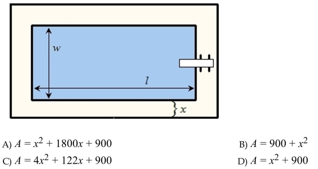 A rectangular swimming pool has a concrete walk around it of width x. The pool has a length l = 36 feet and a width w = 25 feet (see figure). Find an expression representing the combined area A of the pool And the walk. Simplify the result.  <div style=padding-top: 35px> 