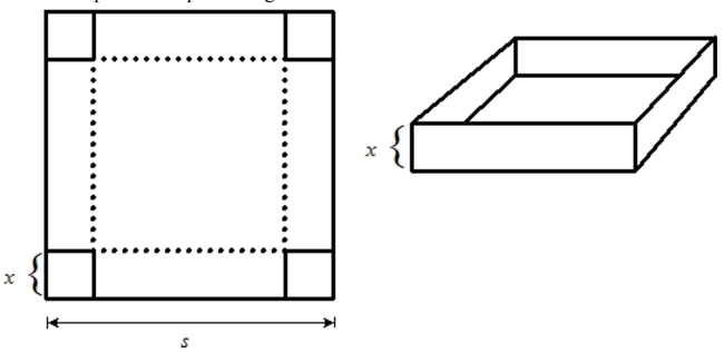  A box is created from a square piece of cardboard with sides measuring s = 16 cm by cutting a square from each corner and folding up the sides. Let x represent the length of the sides of the squares Removed from each corner. Find an expression representing the volume of the box.    A)   V = 4 x ^ { 3 } - 64 x ^ { 2 } + 256 x  B)   V = x ^ { 3 } - 64 x ^ { 2 } + 1024 x  C)   V = x ^ { 3 } - 32 x ^ { 2 } + 256 x  D)   V = 16 x ^ { 2 } + 4 x ^ { 3 }