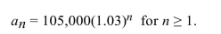 A home purchased for $105,000 increases by 3% of its value each year. The value of the home after n years is given by   Find the value of the home after 5 years by computing   . Round to the nearest dollar.  <div style=padding-top: 35px> 