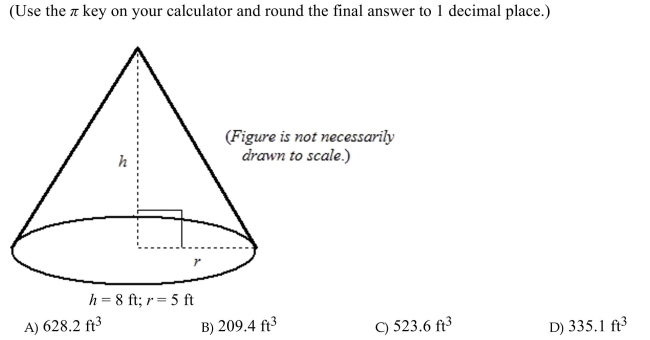 Find the volume of the cone. The measure of the dimension is given below the figure.