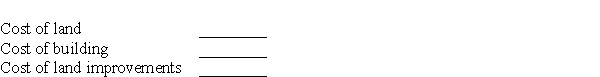 Jane Browning purchased a tract of land and contracted with a builder to build an office building on the property. She also engaged other contractors for lighting, fencing, paving, etc. Based on the following transactions, determine the total costs allocated to the land, building, and land improvements accounts. a)Purchased land for $125,000. b)Paid a contractor $150,000 to design and build the office building. c)Paid a demolition company $20,000 to remove an old structure on the property. d)Paid $15,000 in delinquent taxes on the property. e)Paid $20,000 for fencing. f)Paid $10,000 for paving. g)Paid an electrical contractor $15,000 for outdoor lighting.
