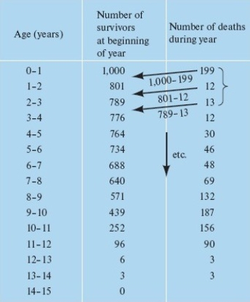The image shown here could be used to construct   A)  a cohort list. B)  a survivorship curve. C)  the pattern of survival. D)  the rate of dispersal.