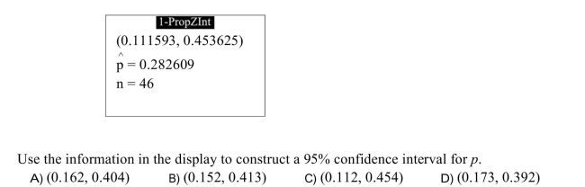 The following display from a TI-84 Plus calculator presents a 99% confidence interval for a