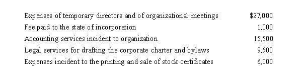 Emerald Corporation, a calendar year C corporation, was formed and began operations on April 1, 2019.The following expenses were incurred during the first tax year (April 1 through December 31, 2019)  of operations.   Assuming a § 248 election, what is the Emerald's deduction for organizational expenditures for 2019? A) $0 B) $4,550 C) $5,000 D) $7,400 E) None of these.
