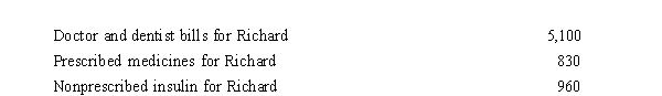 Richard, age 50, is employed as an actuary.For calendar year 2019, he had AGI of $130,000 and paid the following medical expenses:     Derrick and Jane would qualify as Richard's dependents except that they file a joint return.Richard's medical insurance policy does not cover them.Richard filed a claim for $4,800 of his own expenses with his insurance company in November 2019 and received the reimbursement in January 2020.What is Richard's maximum allowable medical expense deduction for 2019? A) $0 B) $7,090 C) $10,340 D) $20,090 E) None of these