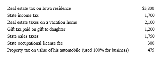 Hugh, a self-employed individual, paid the following amounts during the year:   What is the maximum amount Hugh can claim as taxes in itemizing deductions from AGI? A) $7,650 B) $8,850 C) $9,625 D) $10,000 E) None of these