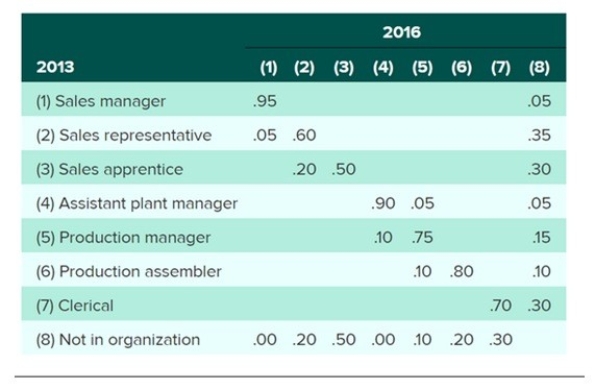 Refer to the following hypothetical transitional matrix of the general HR department in a large manufacturing organization.    -How many of the total sales representatives employed in 2013 were promoted to the sales manager position in 2016? A)  95 percent B)  9 percent C)  5 percent D)  86 percent E)  10 percent