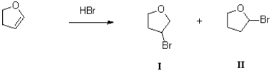 Which of the two products shown below would be expected to be the major product and why?   A) I because of resonance stabilization by the oxygen lone pairs B) I because of induction from the oxygen atom C) II because of induction from the oxygen atom D) II because of resonance stabilization by the oxygen lone pairs