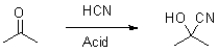 What is the role of acid in the following reaction?   A) to protonate the negatively charged cyanide B) to stabilize the ketone C) to protonate the formed alkoxide D) to form hydrogen bonds with the nitrogen in the cyanide ion