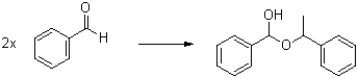 Describe a set of conditions to accomplish the following transformation,given two molecules of benzaldehyde shown below.  