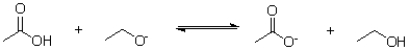 Which side will the equilibrium of the following acid/base reaction lie and why?   A) to the left because ethoxide is a stronger base than acetate B) to the left because acetate is a stronger base than ethoxide C) to the right because ethoxide is a stronger base than acetate D) to the right because acetate is a stronger base than ethoxide