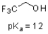 Given the structure and pK<sub>a</sub> of 2,2,2 trifluoroethanol (shown below) ,what can be said about its protonation state at pH 10?   A) It will exist mostly in the protonated form. B) It will exist mostly in the deprotonated form. C) It will be 50% protonated and 50% deprotonated. D) There is not enough data to evaluate.