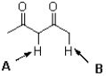 Which of the indicated protons in the following molecule is more acidic and why?   A) A,because of greater charge distribution B) A,because of greater induction C) B,because of greater charge distribution D) B,because of greater induction