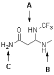 Rank the labelled protons in the following molecule in order of increasing acidity (from least acidic to most acidic) .   A) A,B,C B) C,B,A C) C,A,B D) B,A,C