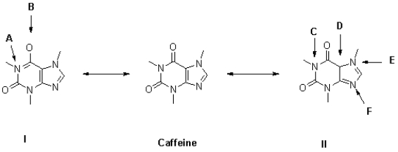 Figure 1 Shown below is the structure of caffeine in the centre and two different resonance states I and II with lone pairs and formal charges omitted.   -Referring to Figure 1,how many lone pairs of electrons can be found on the nitrogen atom at C? A) 0 B) 1 C) 2 D) 3