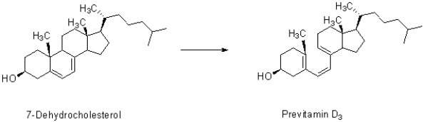 Insert curved arrows in 7-dehydrocholesterol to show how it becomes Previtamin D<sub>.</sub>  