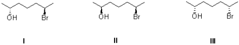 Which of the following describes the three molecules shown below?   A) I and II are enantiomers. B) I and III are enantiomers. C) II and III are enantiomers. D) I,II,and III are not enantiomers with each other.