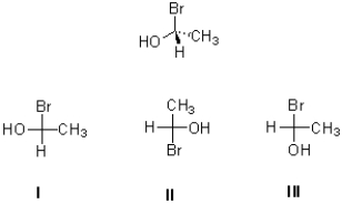 Which of the following (I,II,III) is the Fischer projection of the compound shown below?   A) only I B) only II C) both II and III D) both I and III