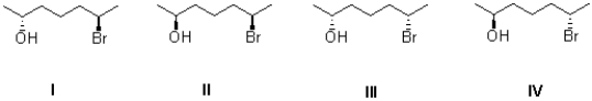 Which of the following best describes the stereochemical relationship of the structures shown below?   A) I and II are enantiomers,and III and IV are diastereomers. B) I and IV are enantiomers,and II and III are diastereomers. C) II and III are enantiomers,and I and IV are diastereomers. D) I and IV are enantiomers,and II and III are meso.
