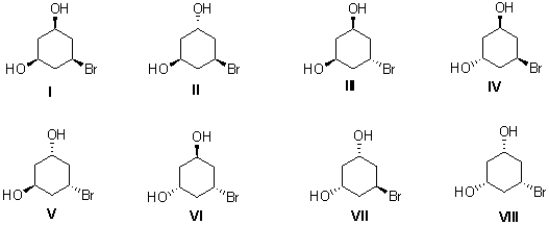 Determine the stereochemical relationship of II with each of the other seven molecules.(Enantiomers,Diastereomers,Identical molecules)  